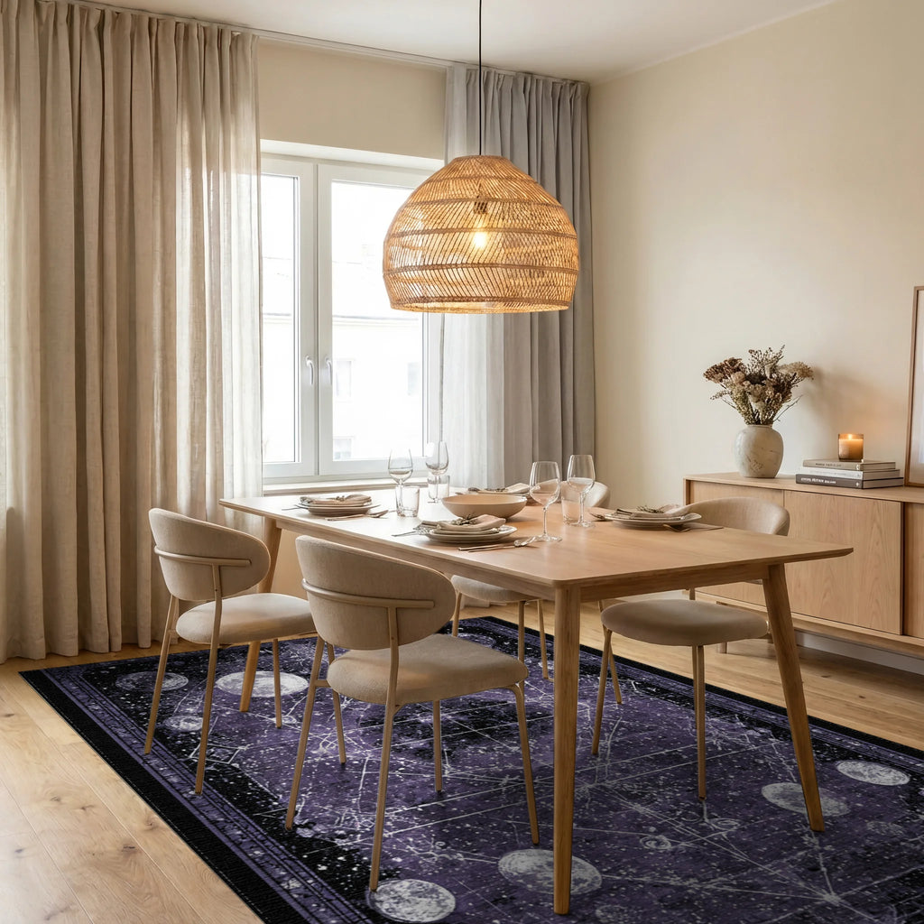 Mystical Purple Celestial Moon Constellation Rug - Dining Room View