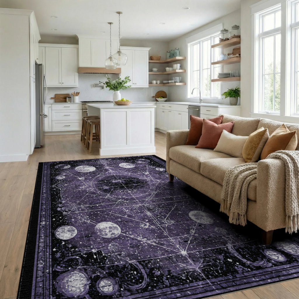 Mystical Purple Celestial Moon Constellation Rug - Living Room View