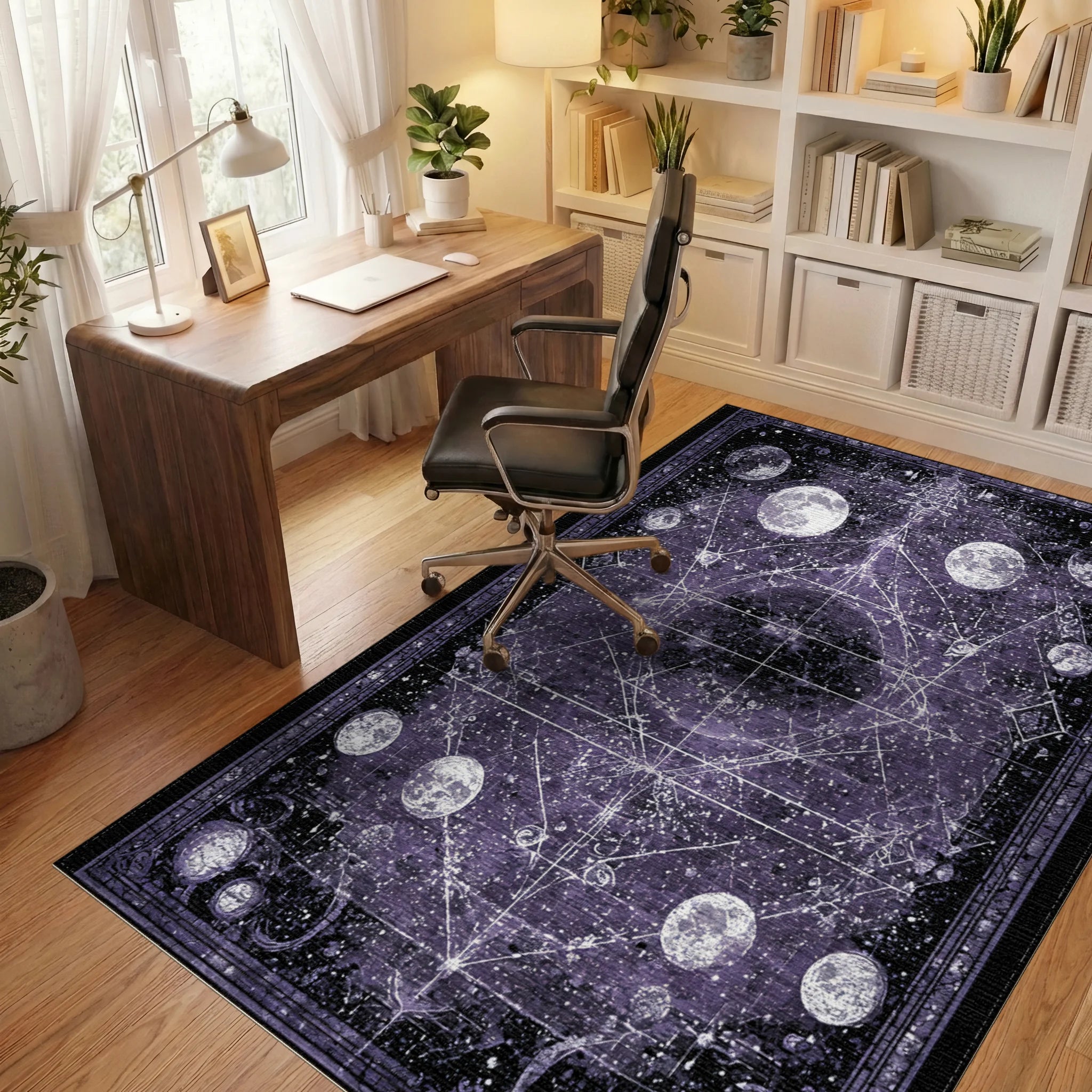 Mystical Purple Celestial Moon Constellation Rug - Office View