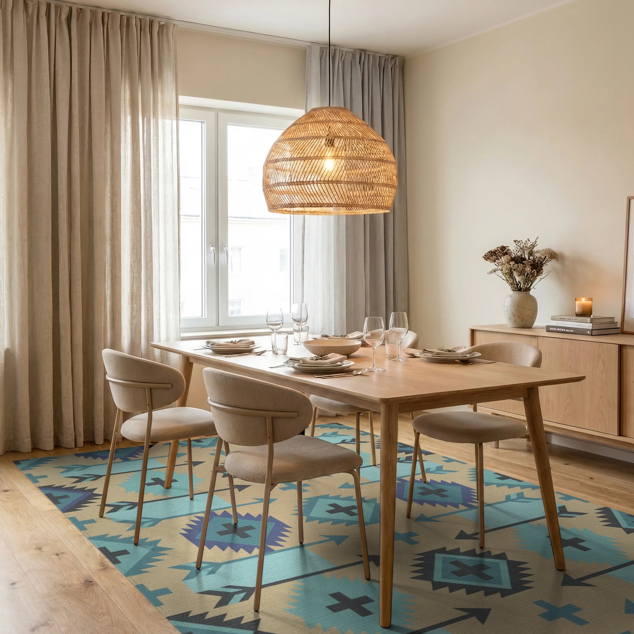 Native Arrow Turquoise Geometric Medallion Rug Dining Room View