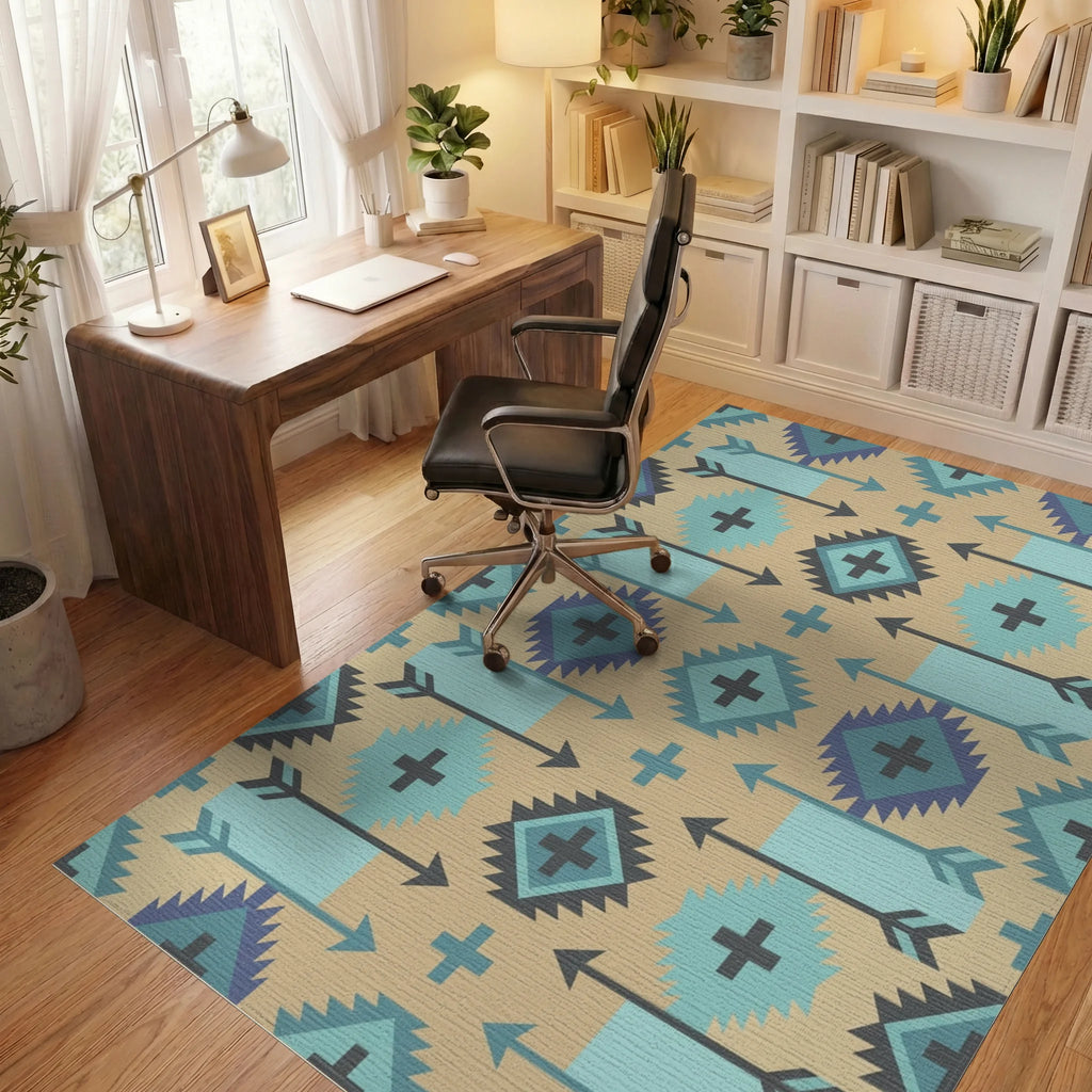Native Arrow Turquoise Geometric Medallion Rug Office View