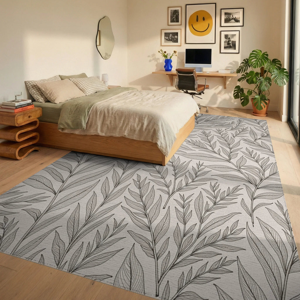 Natural Leaf Line Art Pattern Rug Bedroom View