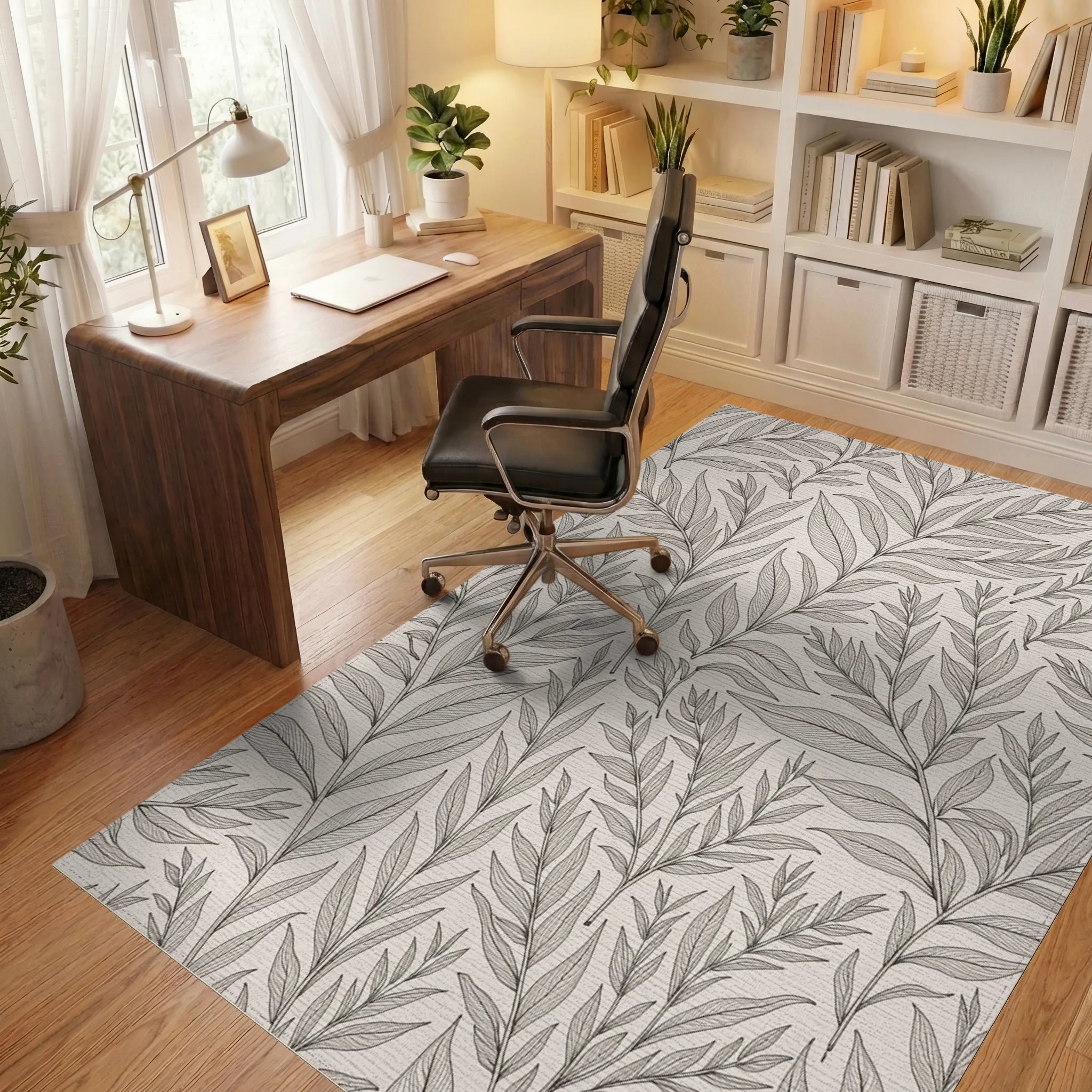 Natural Leaf Line Art Pattern Rug Office View