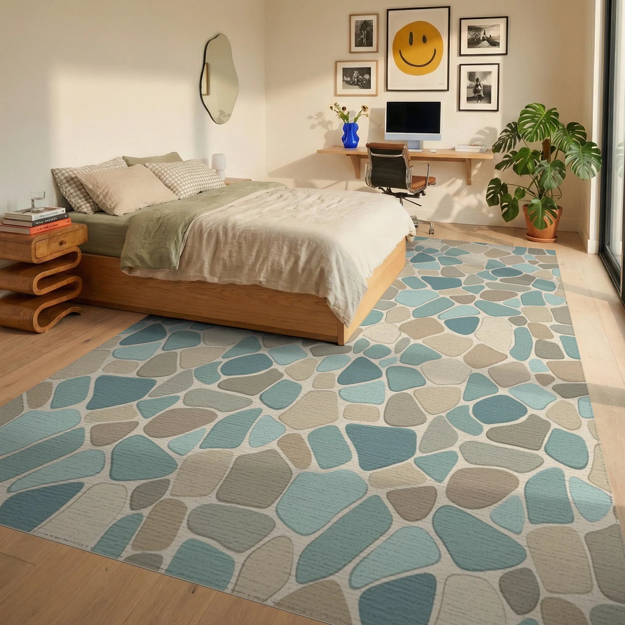 Natural Pebble Mosaic Stone Rug Bedroom View
