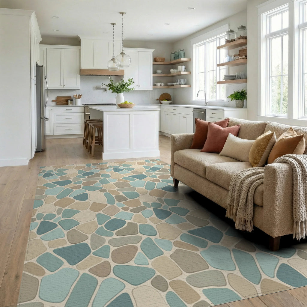 Natural Pebble Mosaic Stone Rug Living Room View