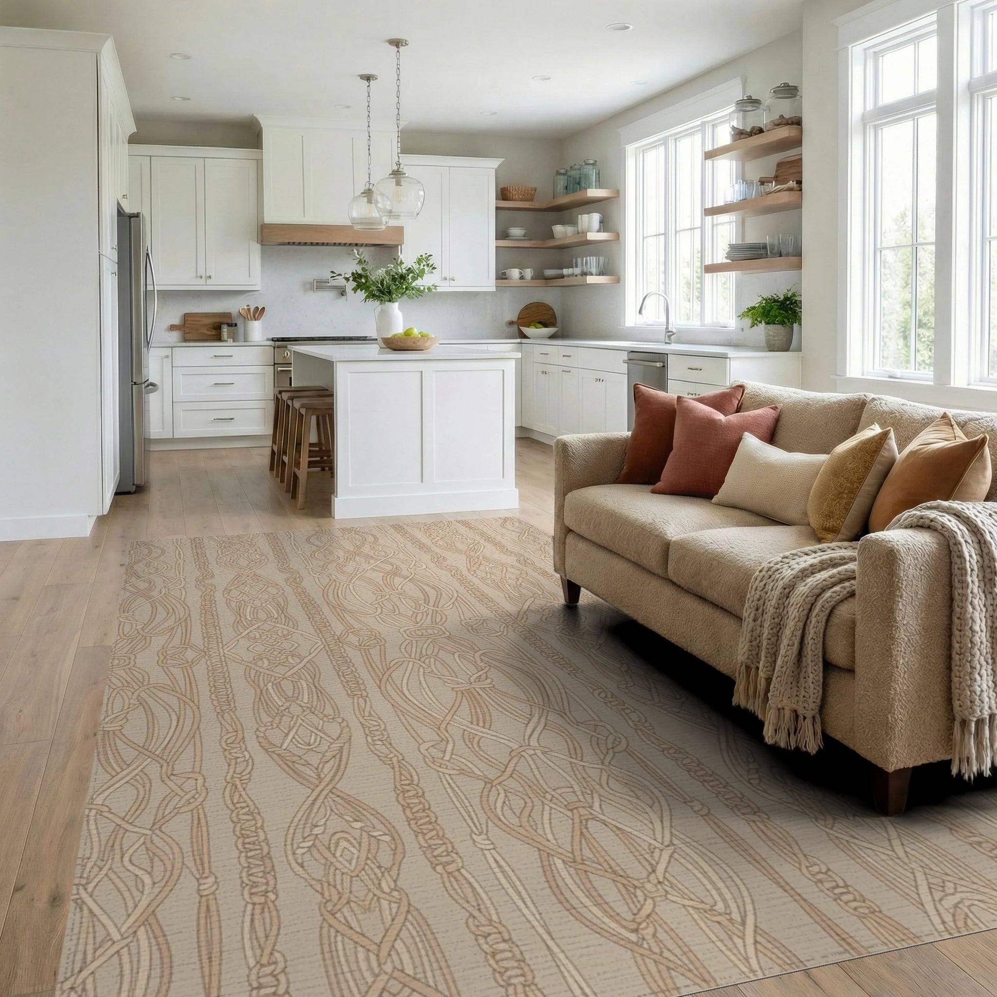 Natural Tan Macrame Wall Hanging Rug Living Room View