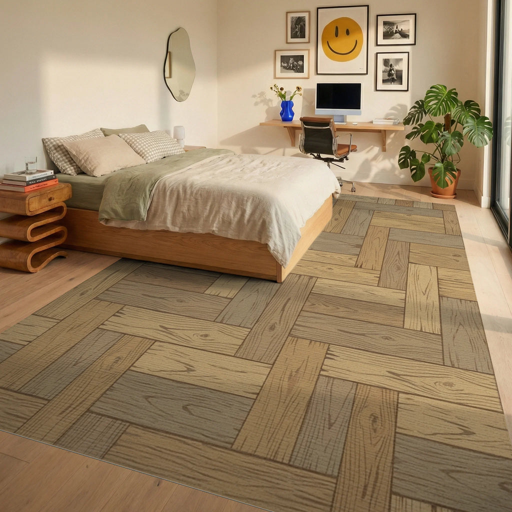 Natural Wood Grain Parquet Rug Bedroom View