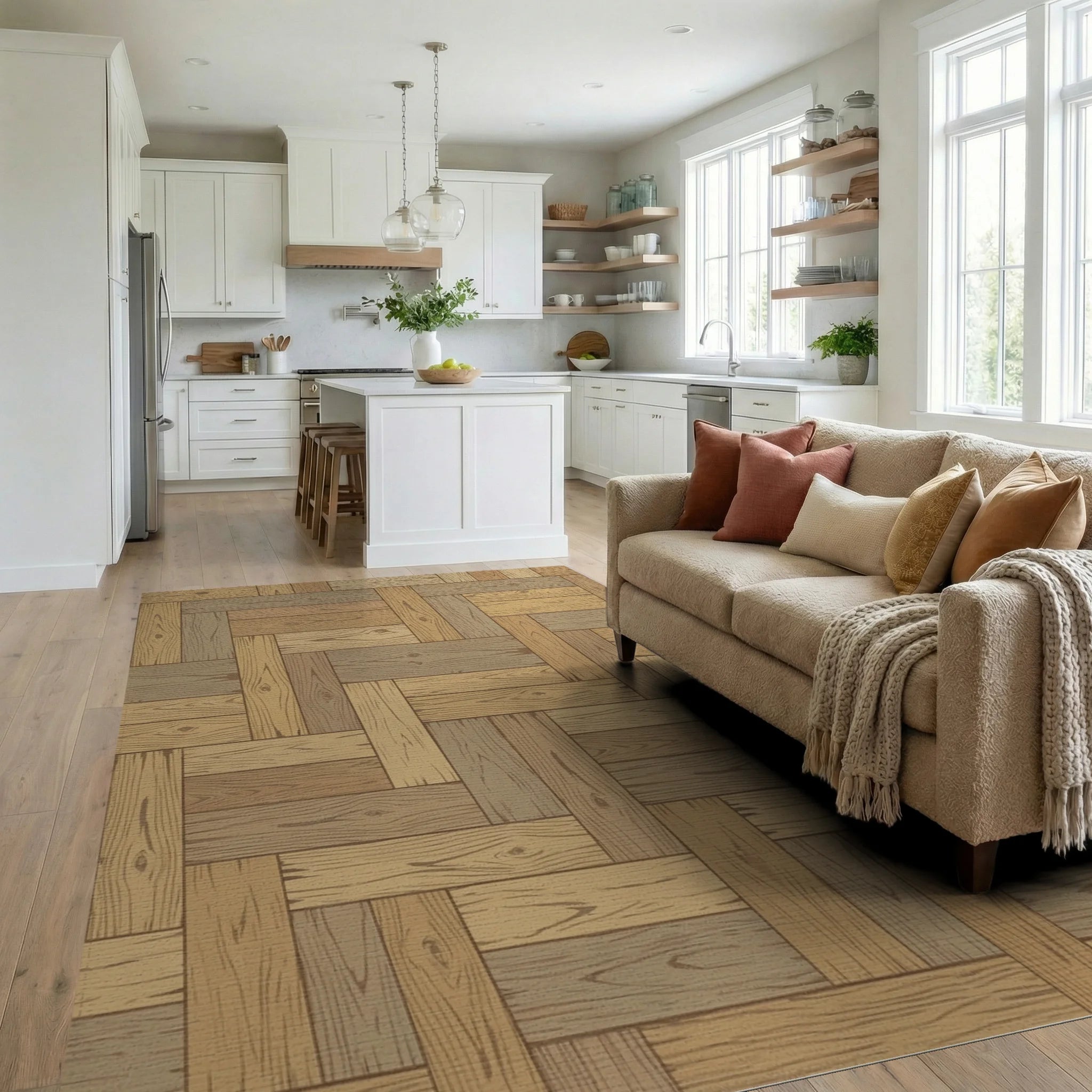 Natural Wood Grain Parquet Rug Living Room View