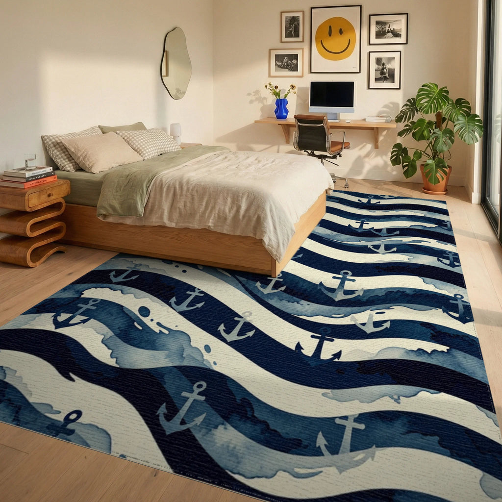 Nautical Anchor Wave Abstraction Rug Bedroom View