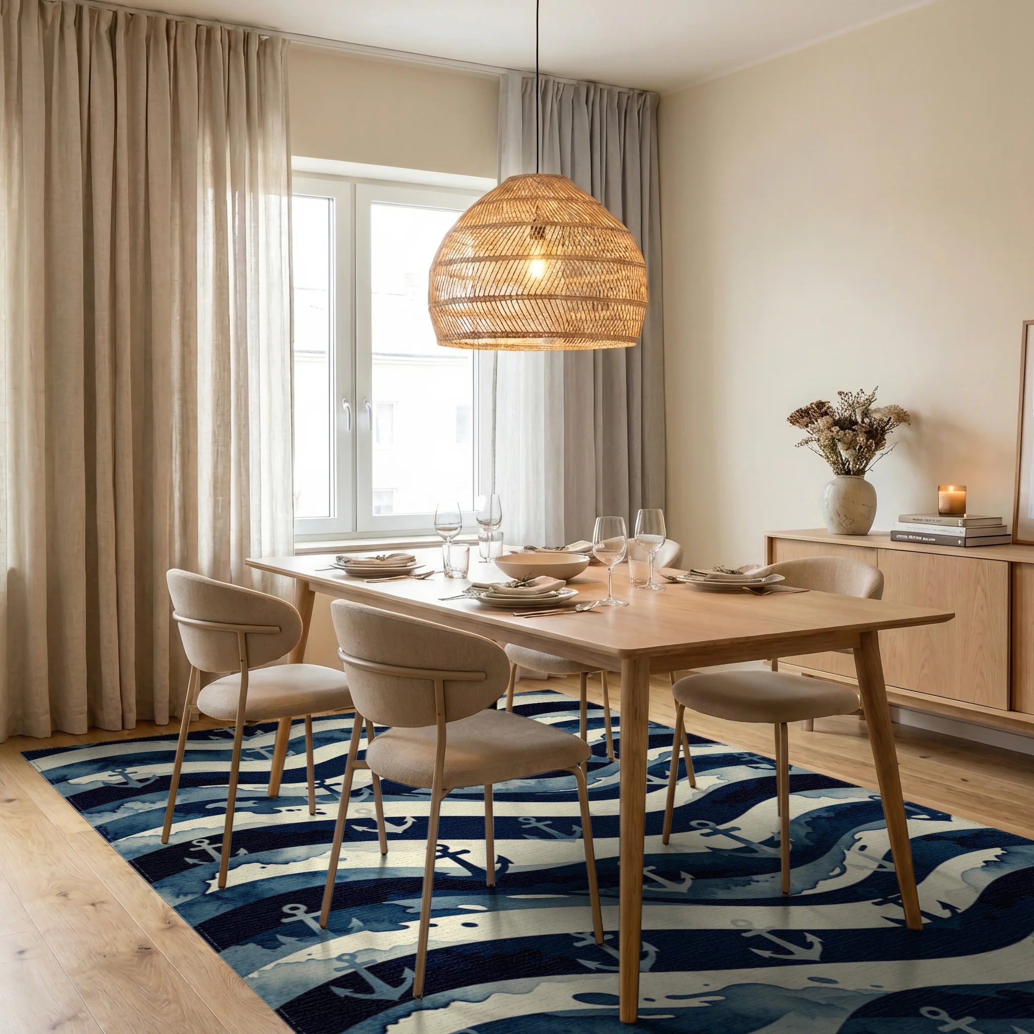 Nautical Anchor Wave Abstraction Rug Dining Room View