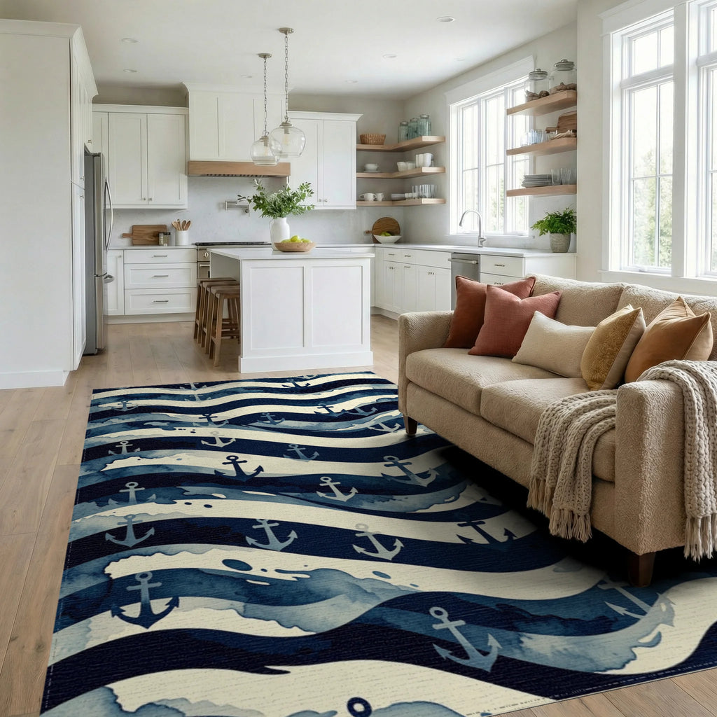 Nautical Anchor Wave Abstraction Rug Living Room View