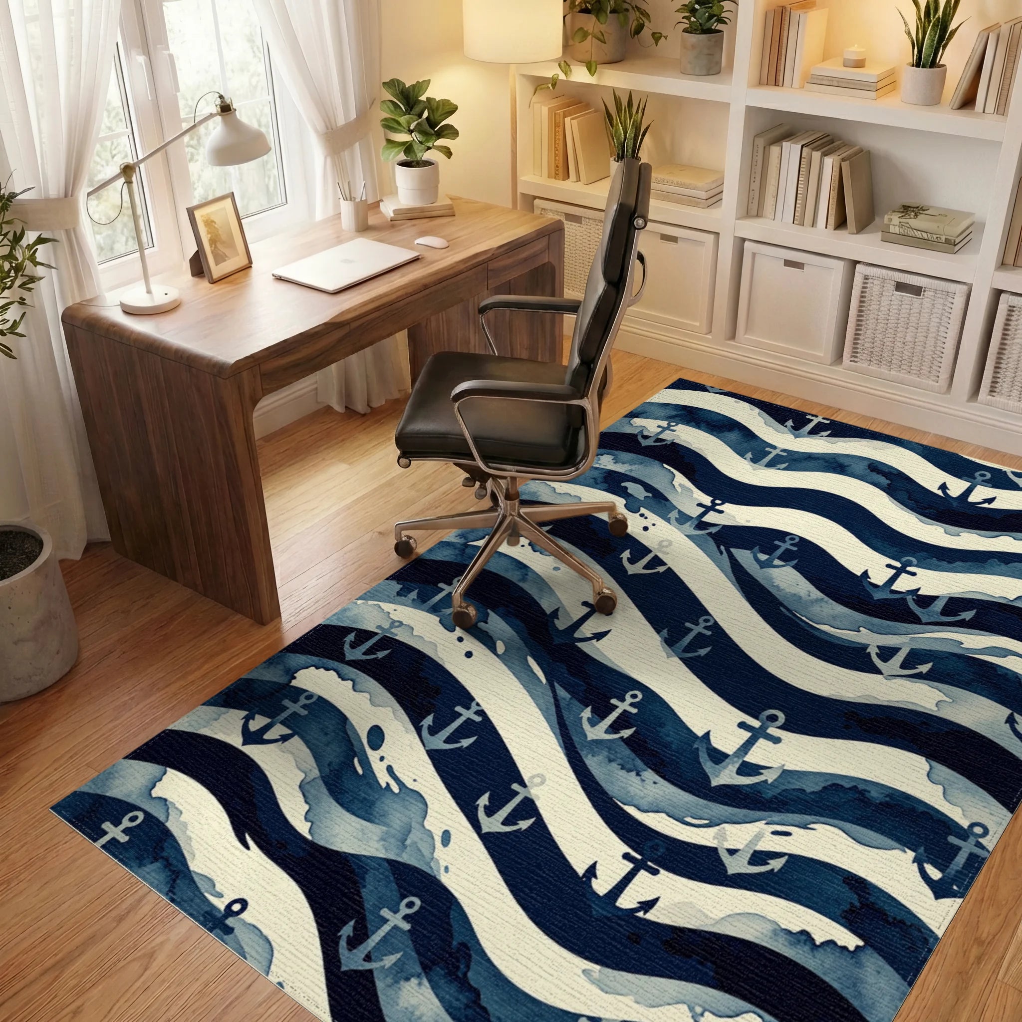 Nautical Anchor Wave Abstraction Rug Office View