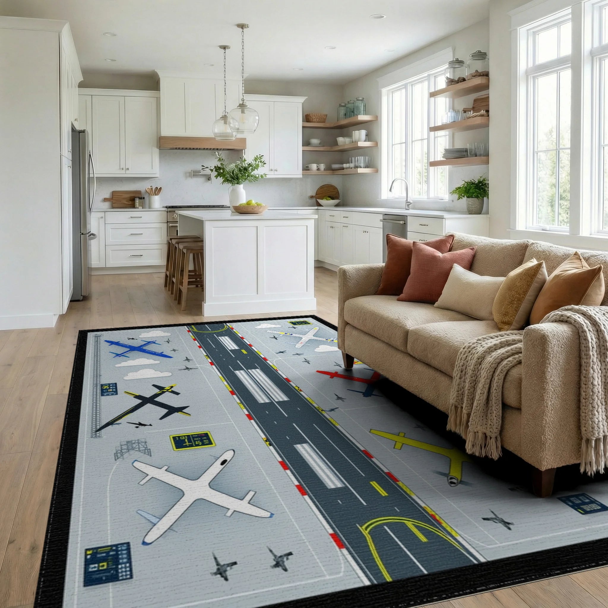 Nautical Aviation Collage Rug - Living Room View