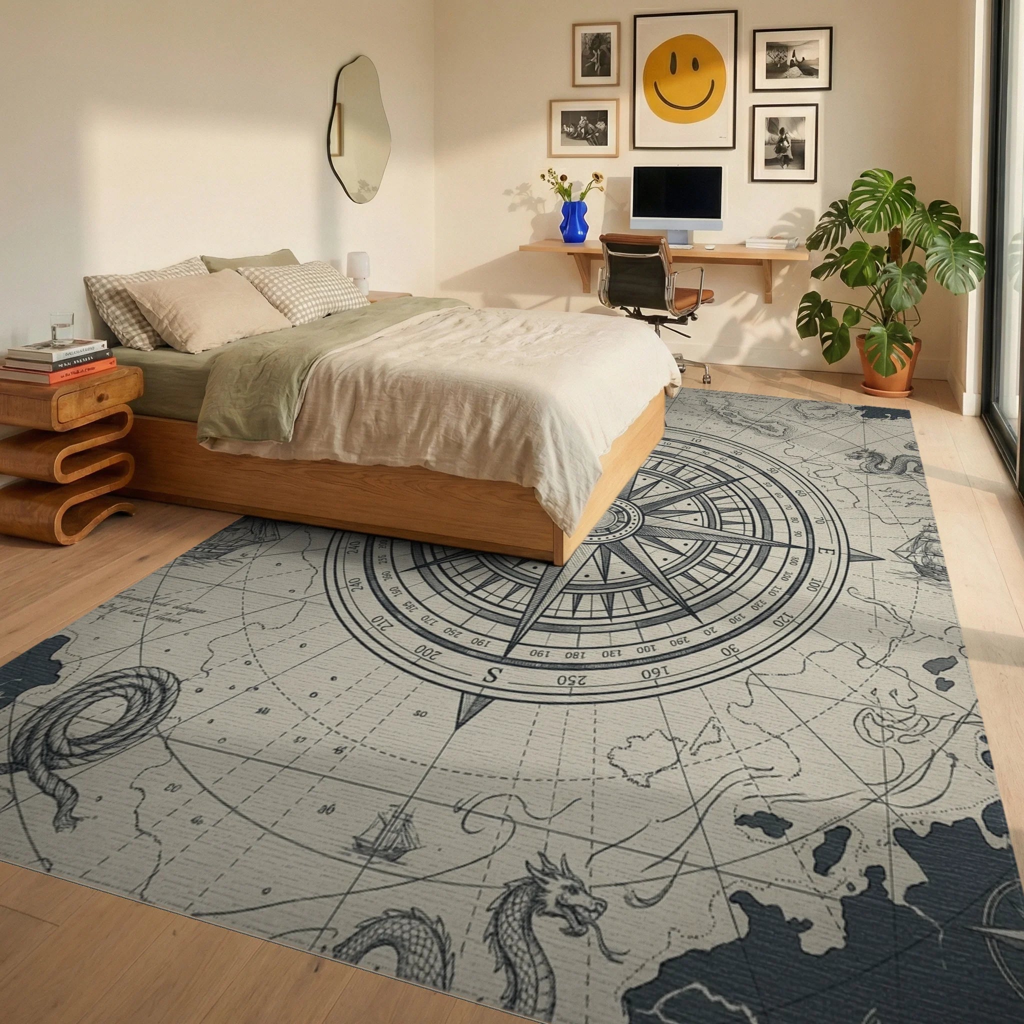 Nautical Compass Map Dragons Rug Bedroom View