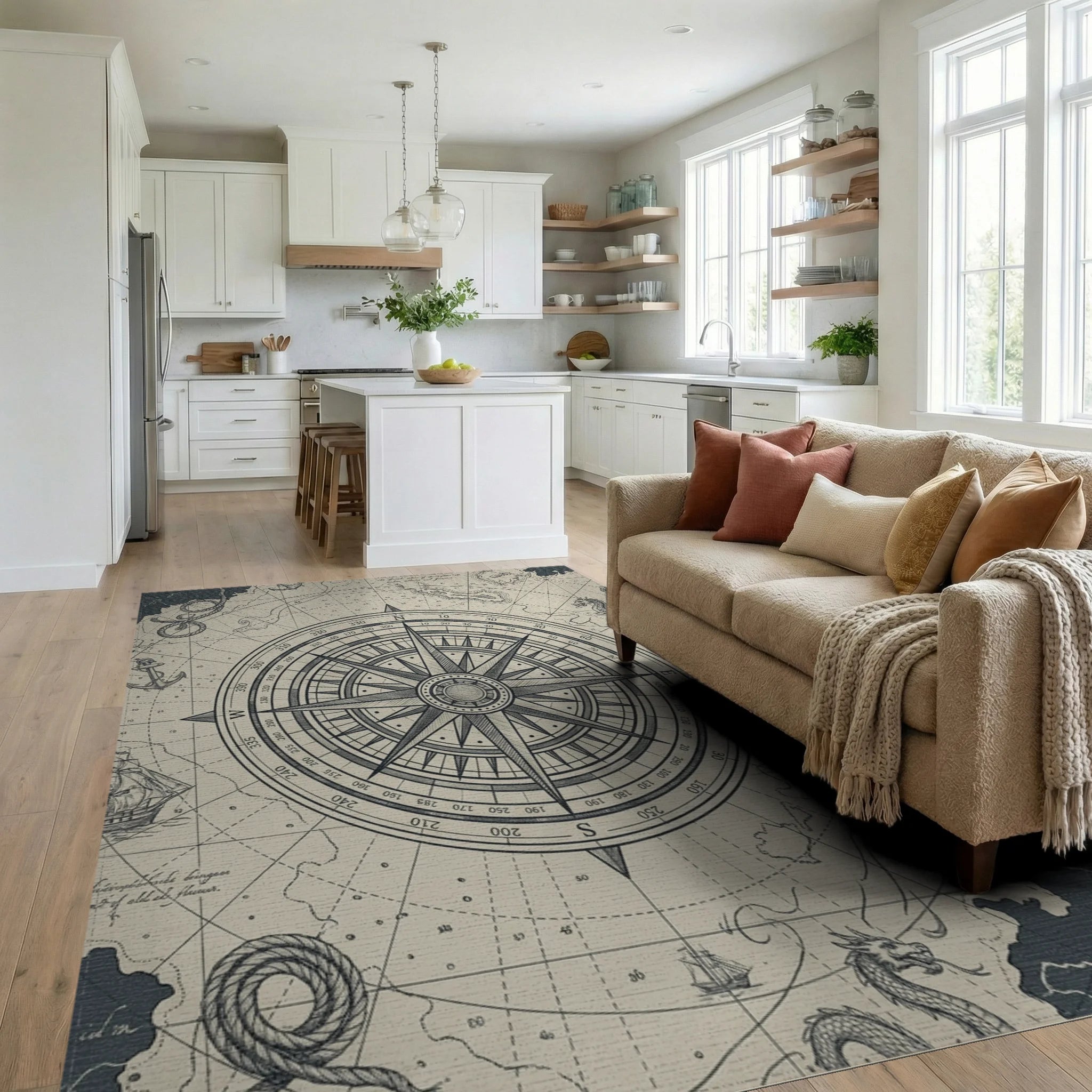 Nautical Compass Map Dragons Rug Living Room View