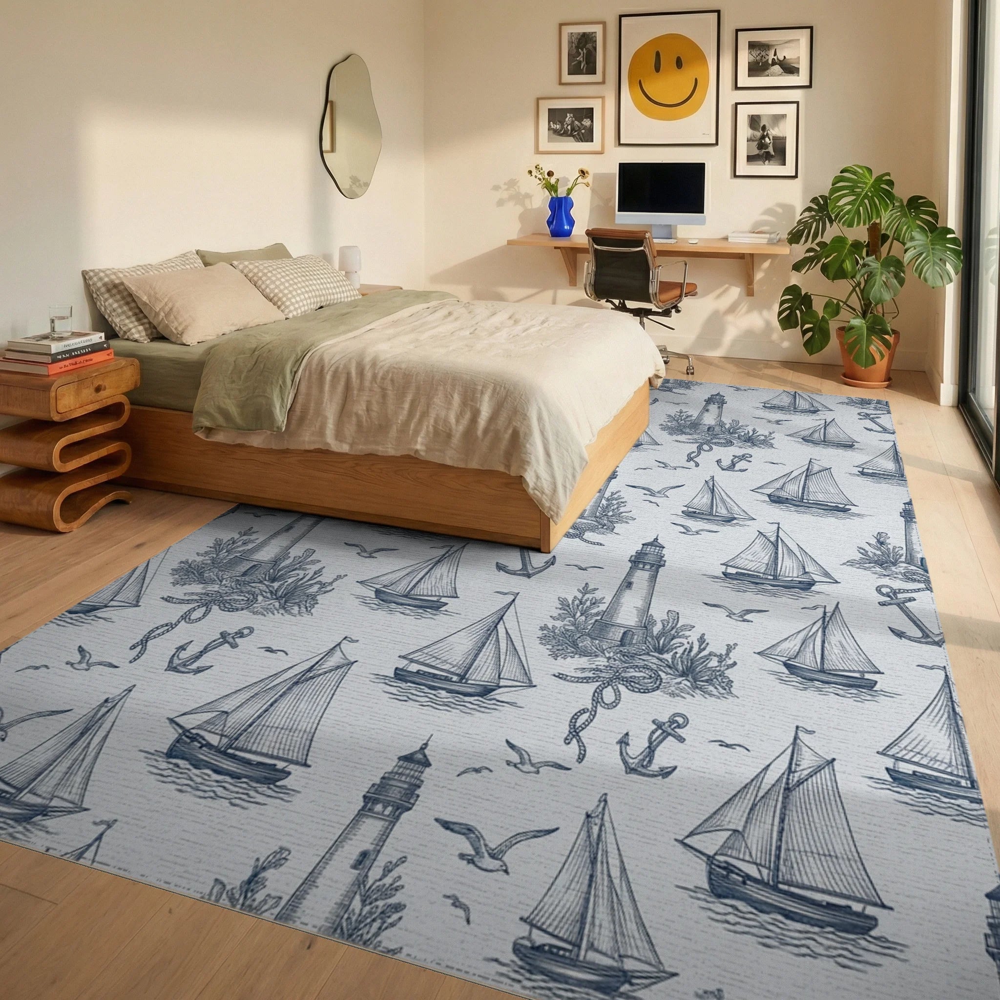 Nautical Lighthouse Sailboat Anchor Collection Rug Bedroom View