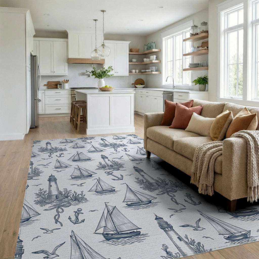 Nautical Lighthouse Sailboat Anchor Collection Rug Living Room View