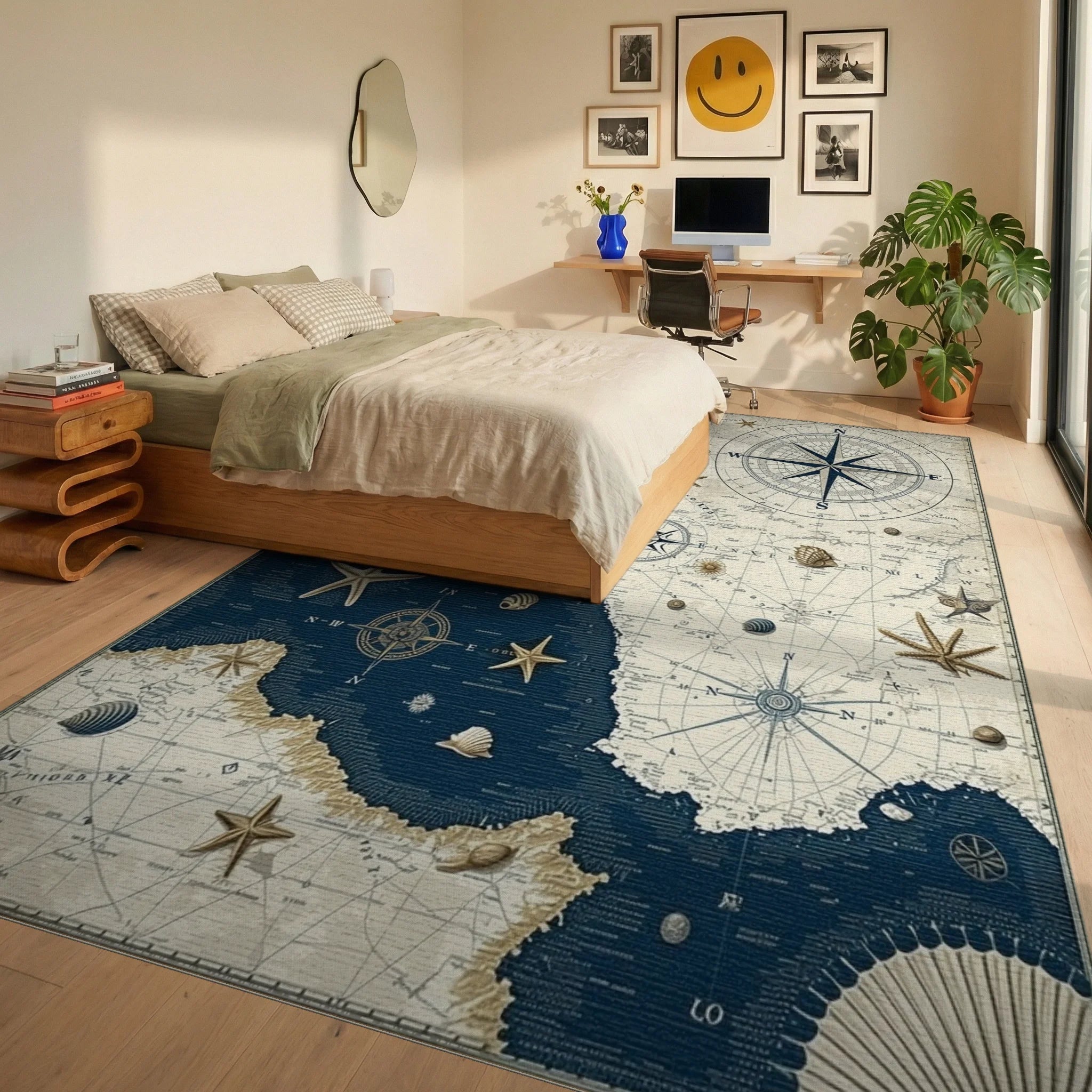 Nautical Map And Starfish Design Rug - Bedroom View