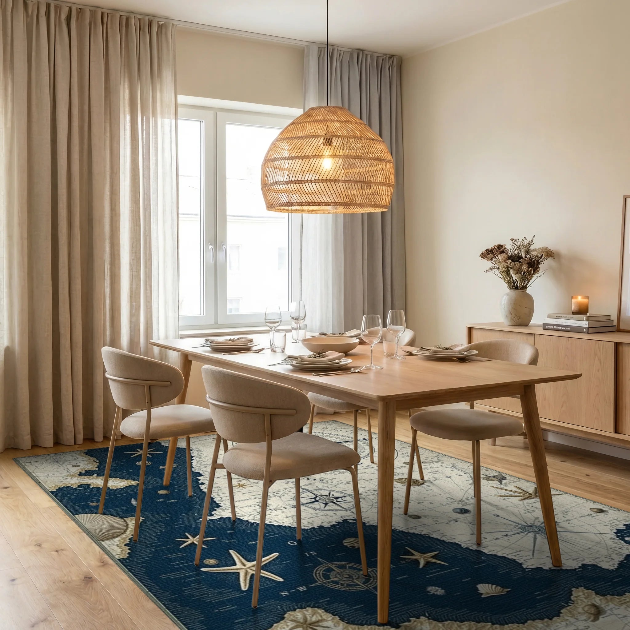 Nautical Map And Starfish Design Rug - Dining Room View