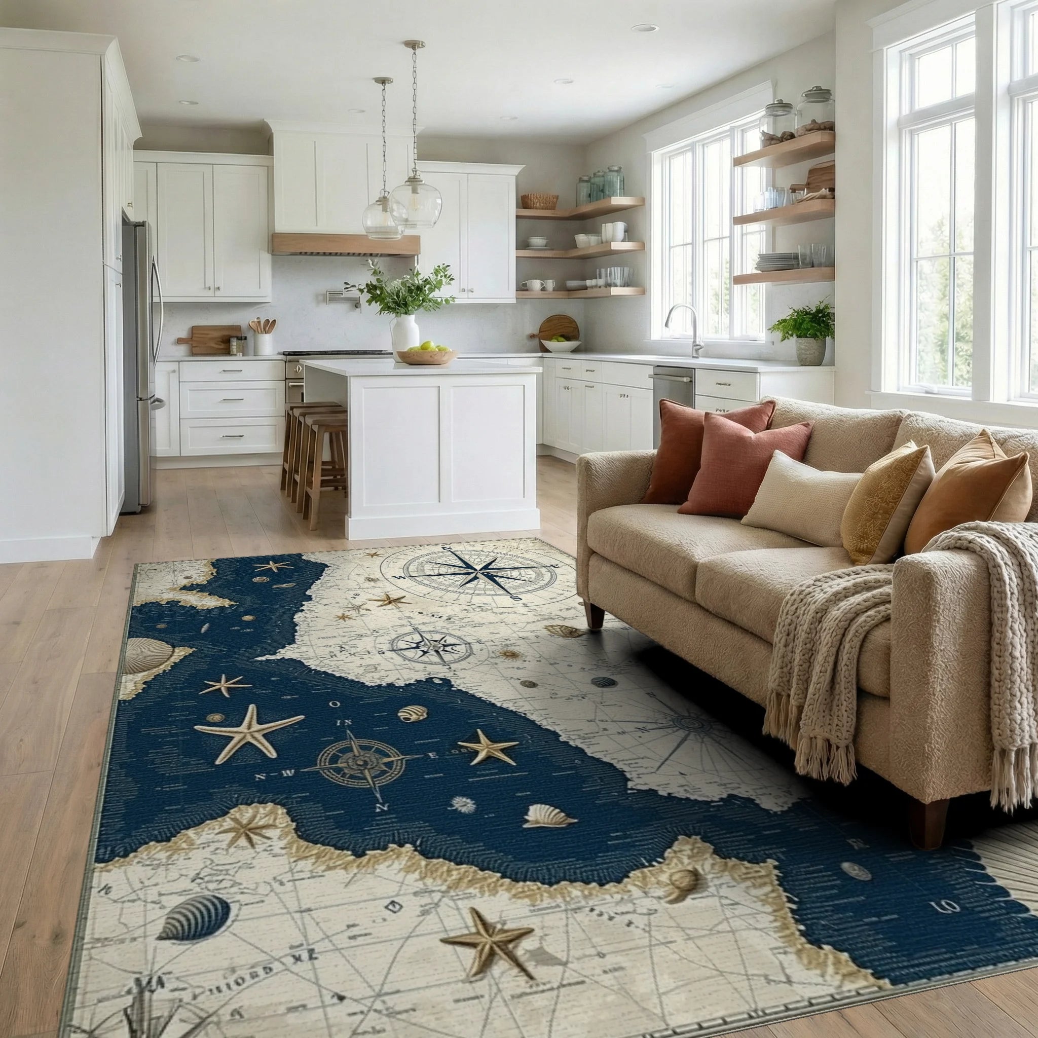Nautical Map And Starfish Design Rug - Living Room View
