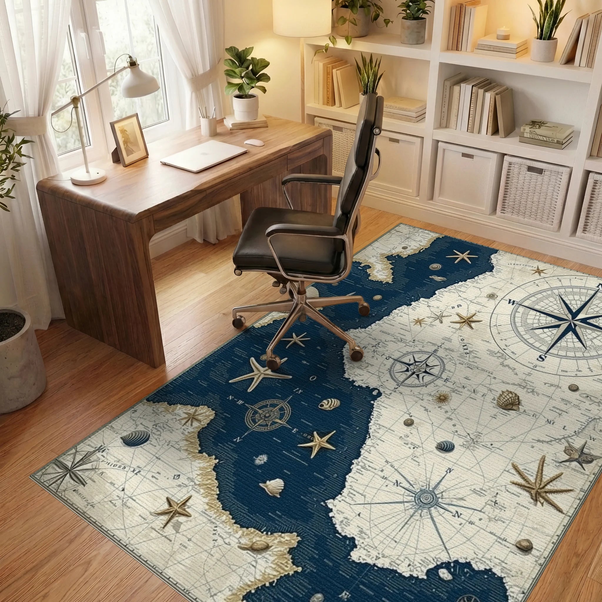 Nautical Map And Starfish Design Rug - Office View