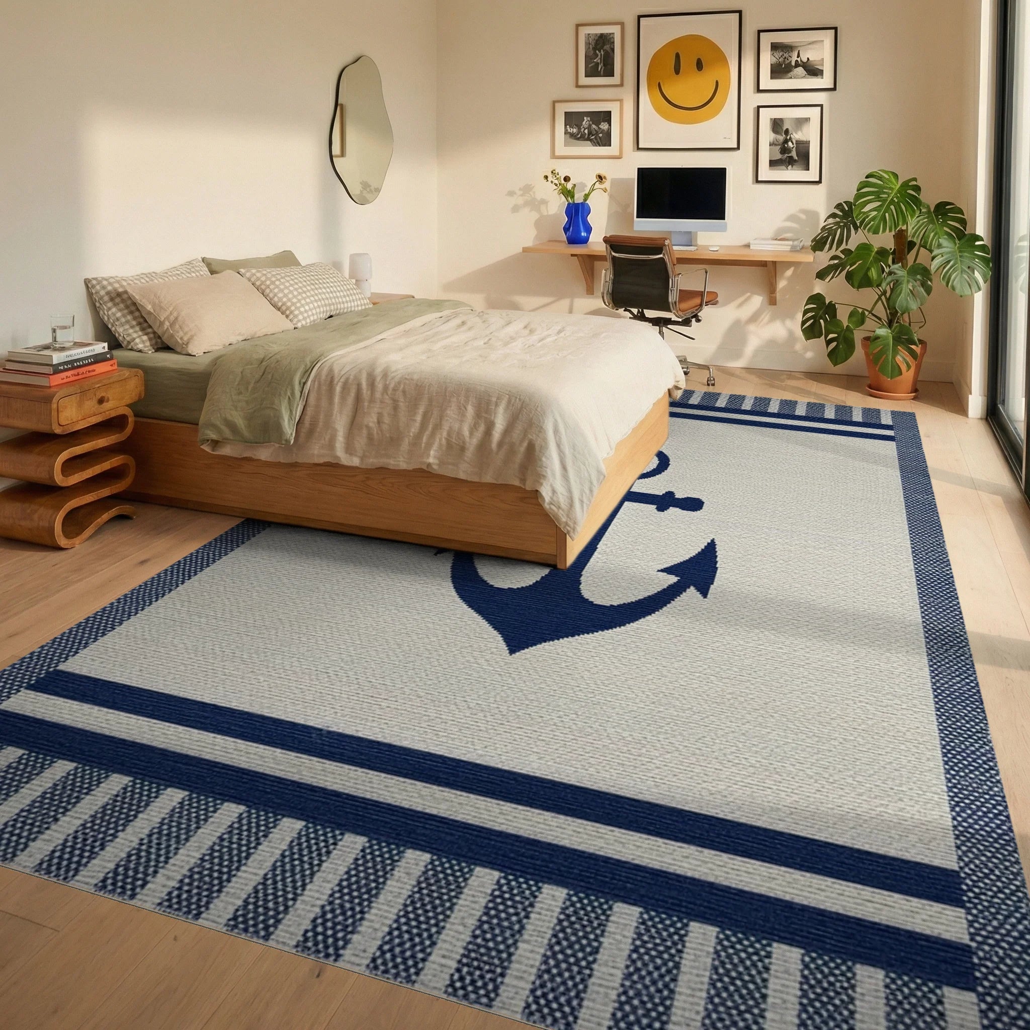 Nautical Navy Anchor Stripe Accent Rug - Bedroom View
