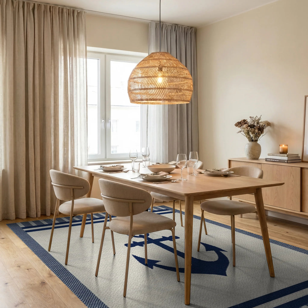 Nautical Navy Anchor Stripe Accent Rug - Dining Room View