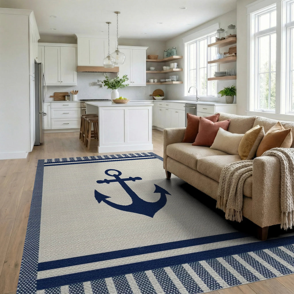 Nautical Navy Anchor Stripe Accent Rug - Living Room View
