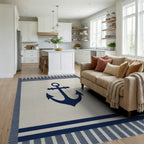Nautical Navy Anchor Stripe Accent Rug - Living Room View