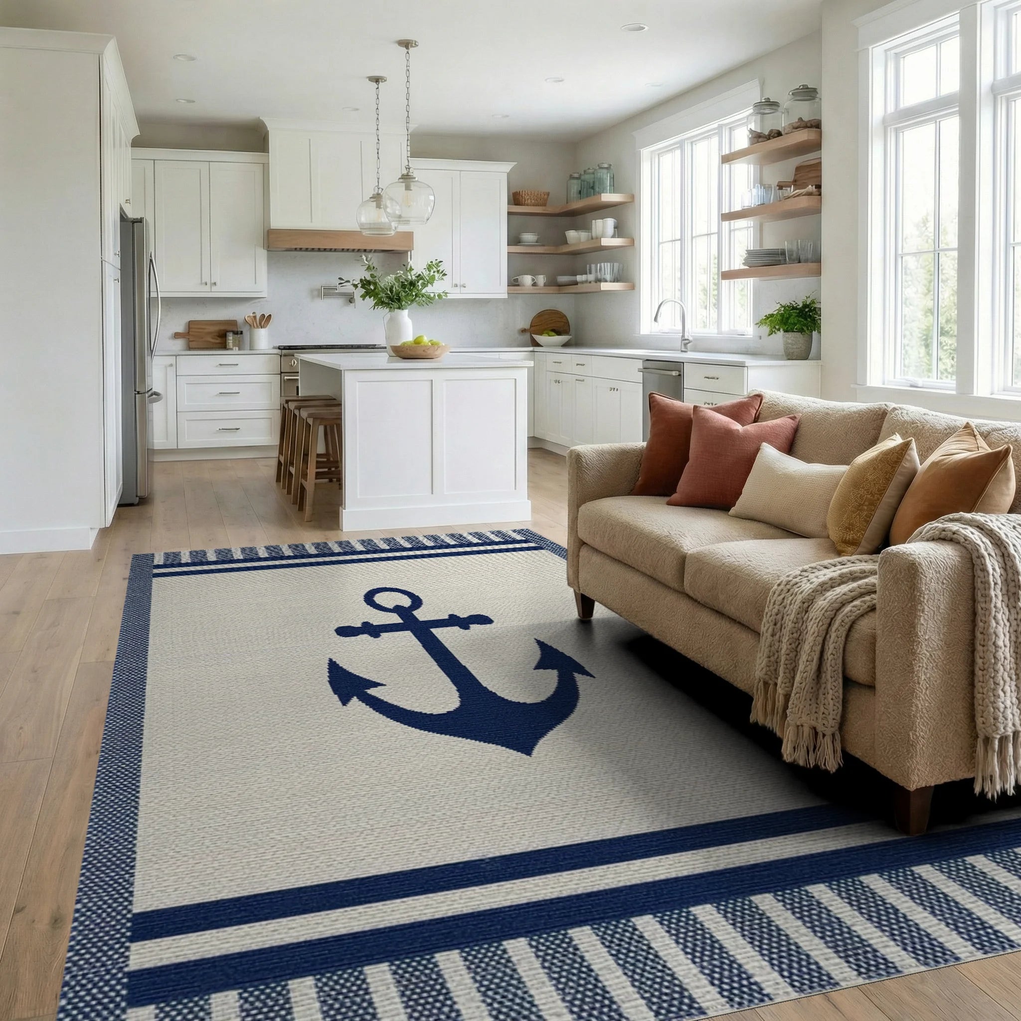 Nautical Navy Anchor Stripe Accent Rug - Living Room View