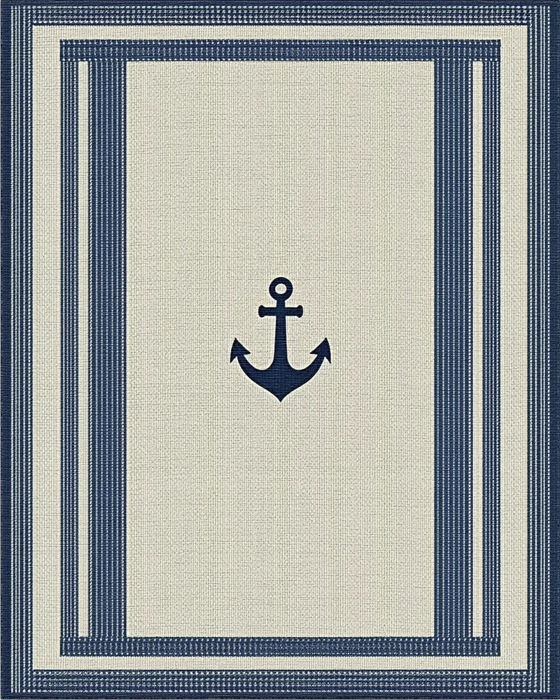 Nautical Navy Anchor Striped Border Rug - Cutout View