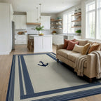 Nautical Navy Anchor Striped Border Rug - Living Room View