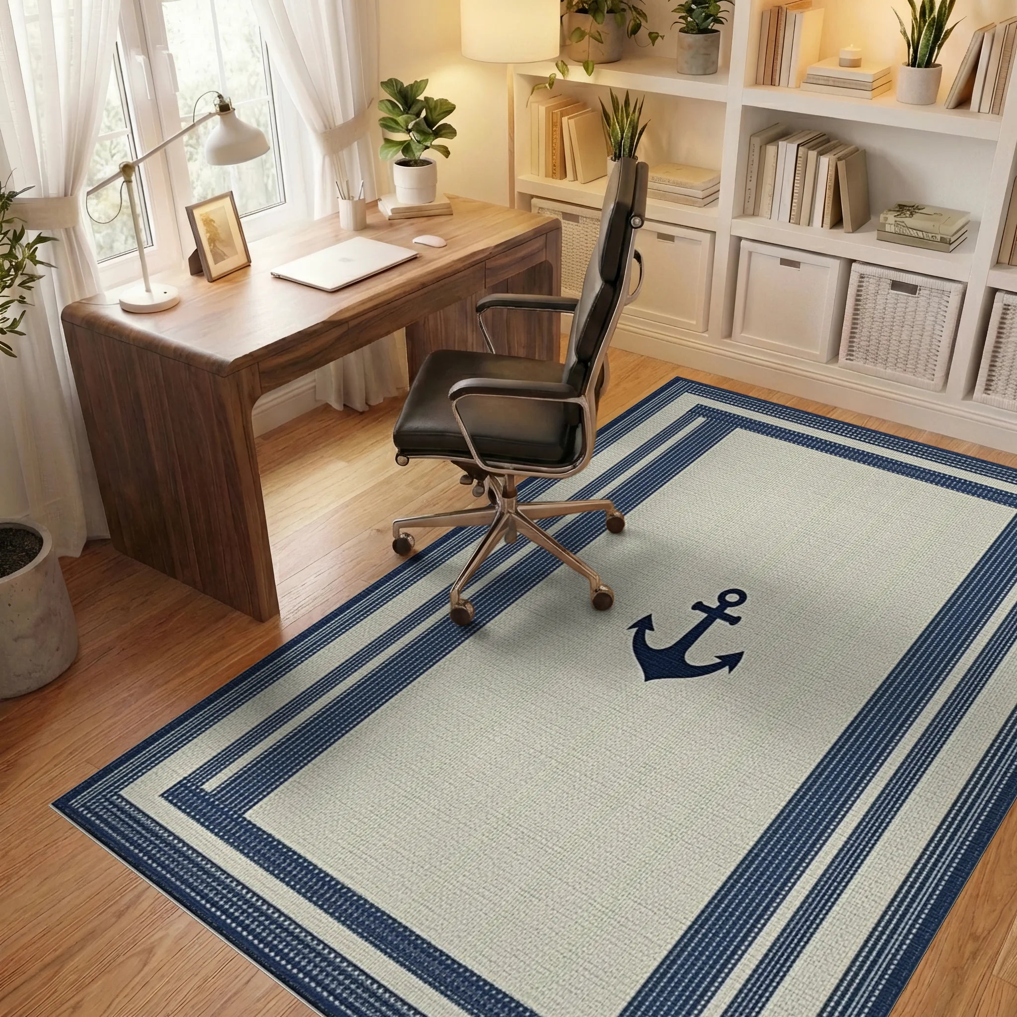 Nautical Navy Anchor Striped Border Rug - Office View