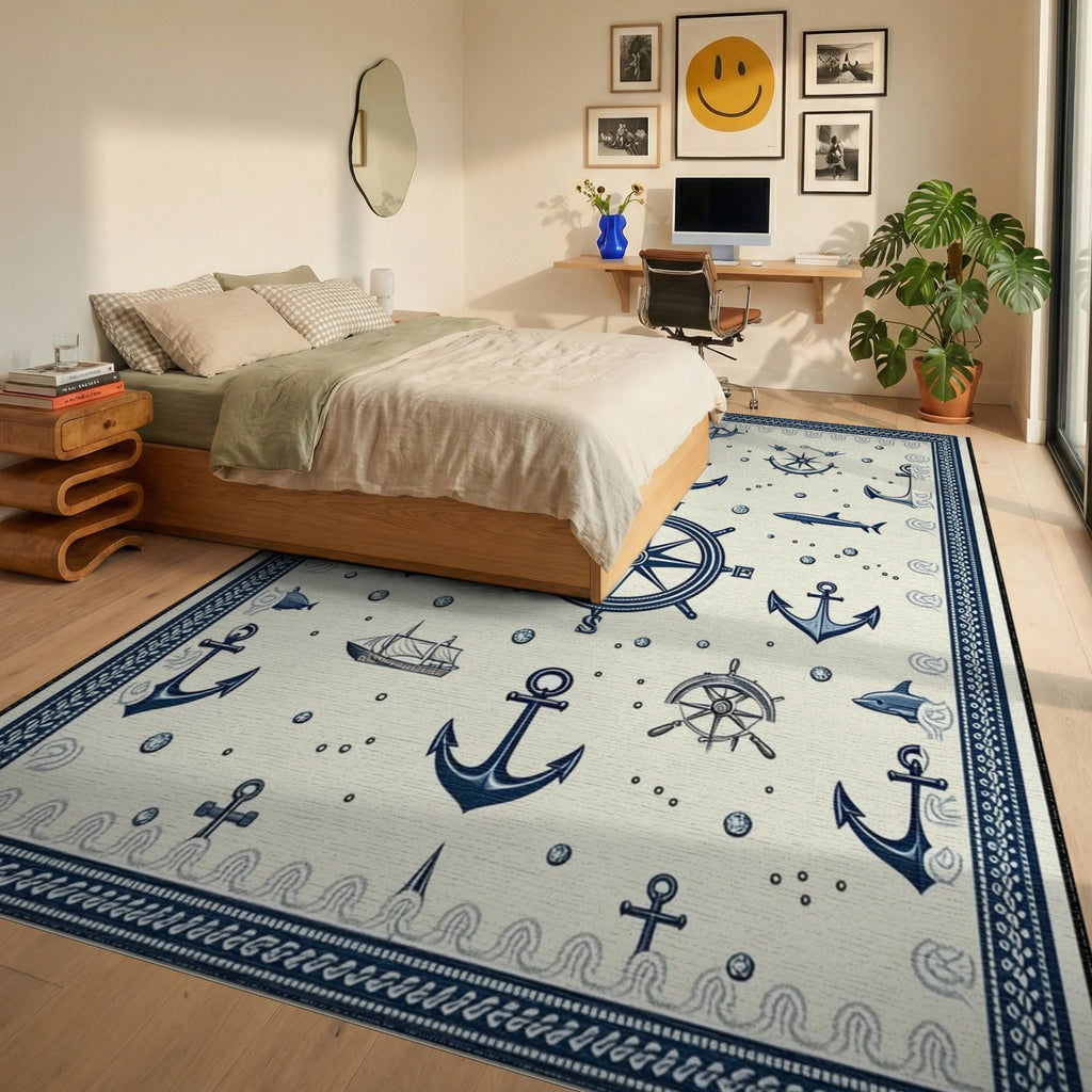 Nautical Navy Anchors Compass Rug - Bedroom View