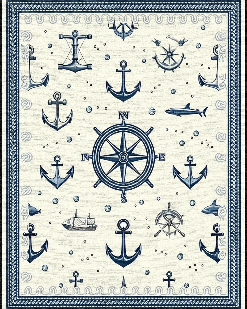 Nautical Navy Anchors Compass Rug - Cutout View