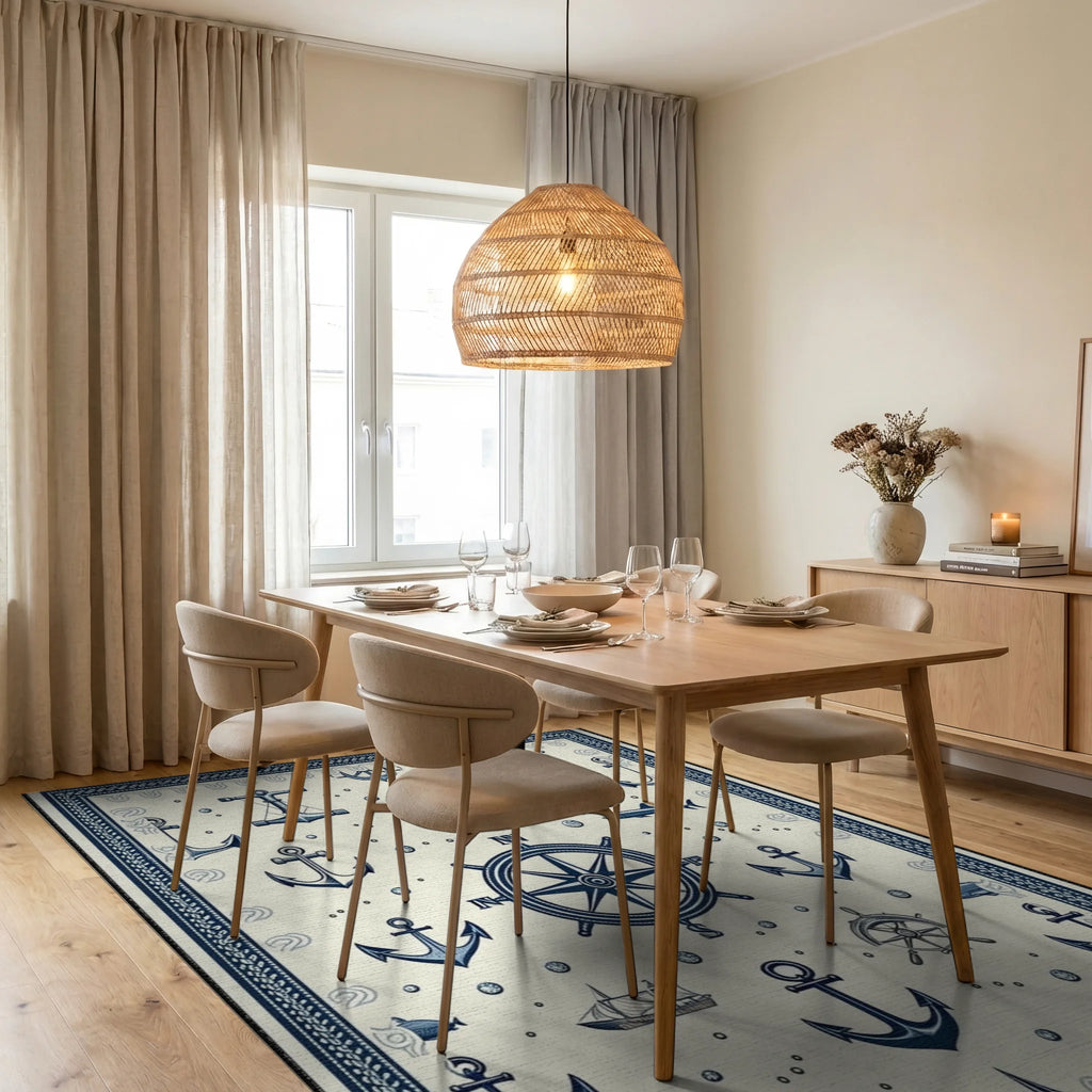 Nautical Navy Anchors Compass Rug - Dining Room View