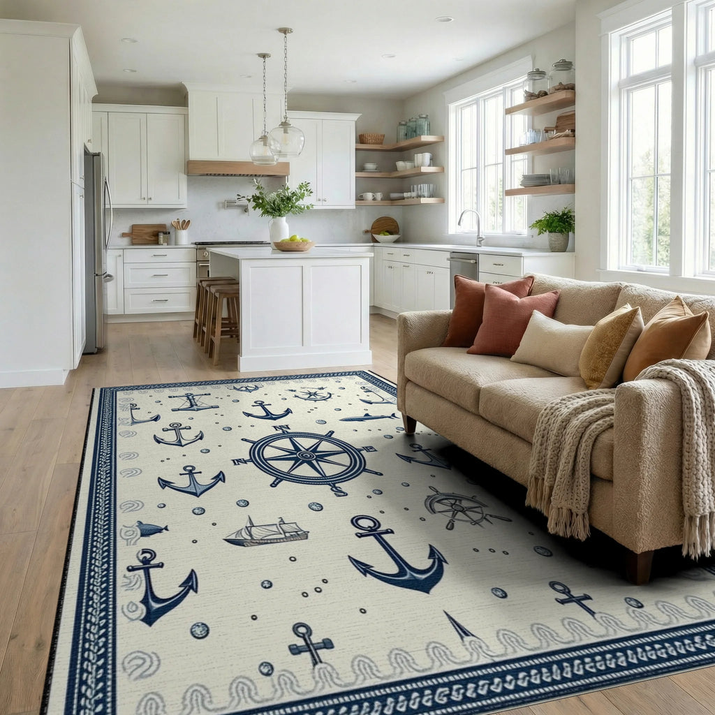 Nautical Navy Anchors Compass Rug - Living Room View