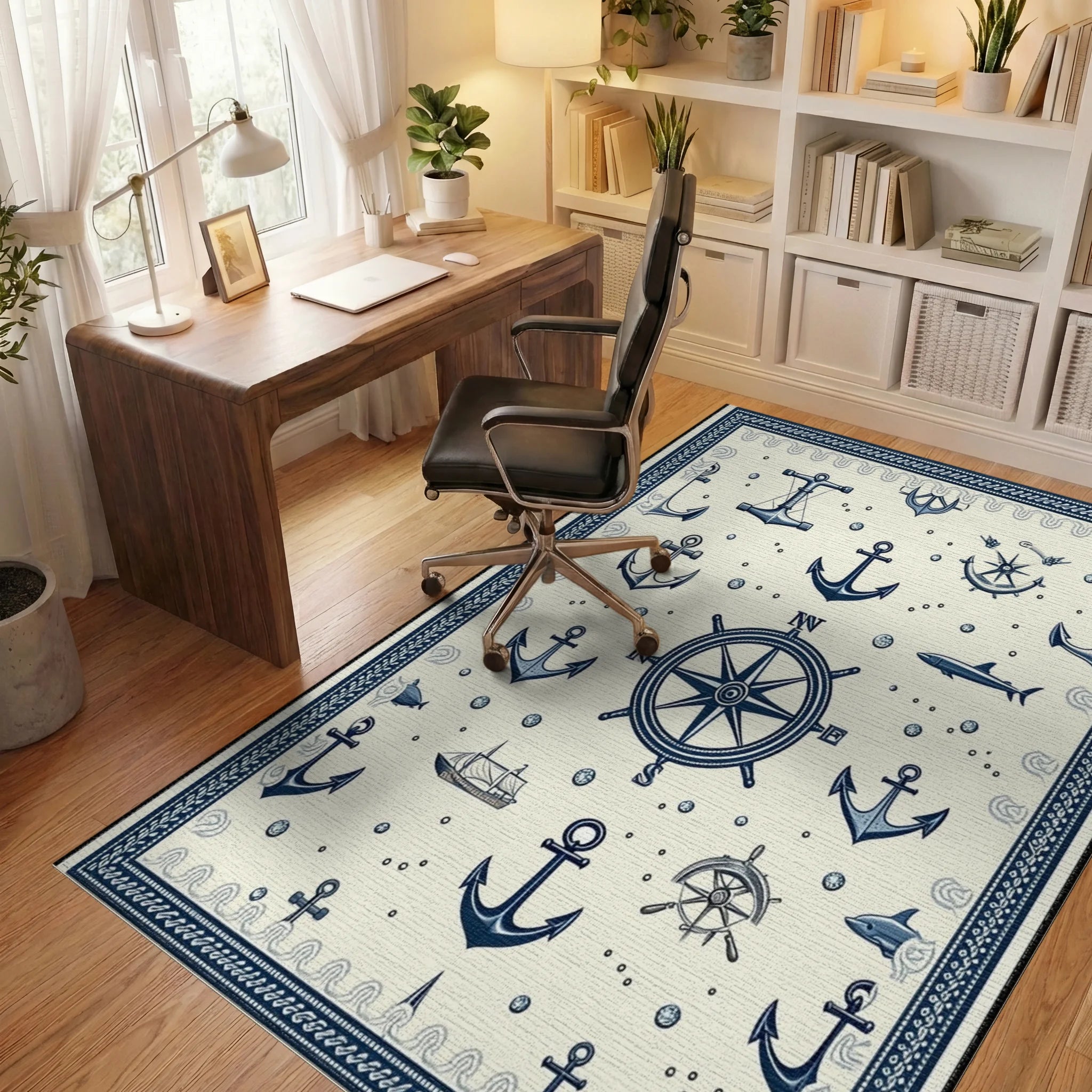 Nautical Navy Anchors Compass Rug - Office View