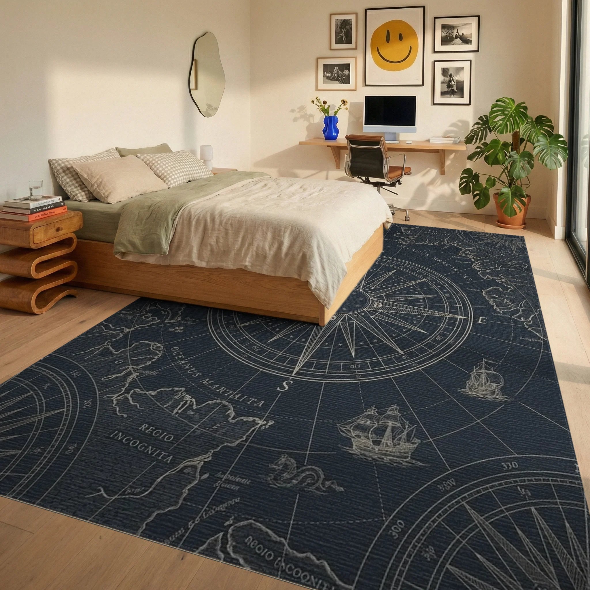 Nautical Navy Compass Rose Ships Rug Bedroom View