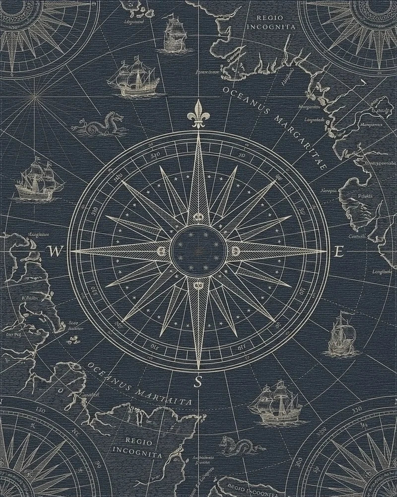 Nautical Navy Compass Rose Ships Rug - Cutout View