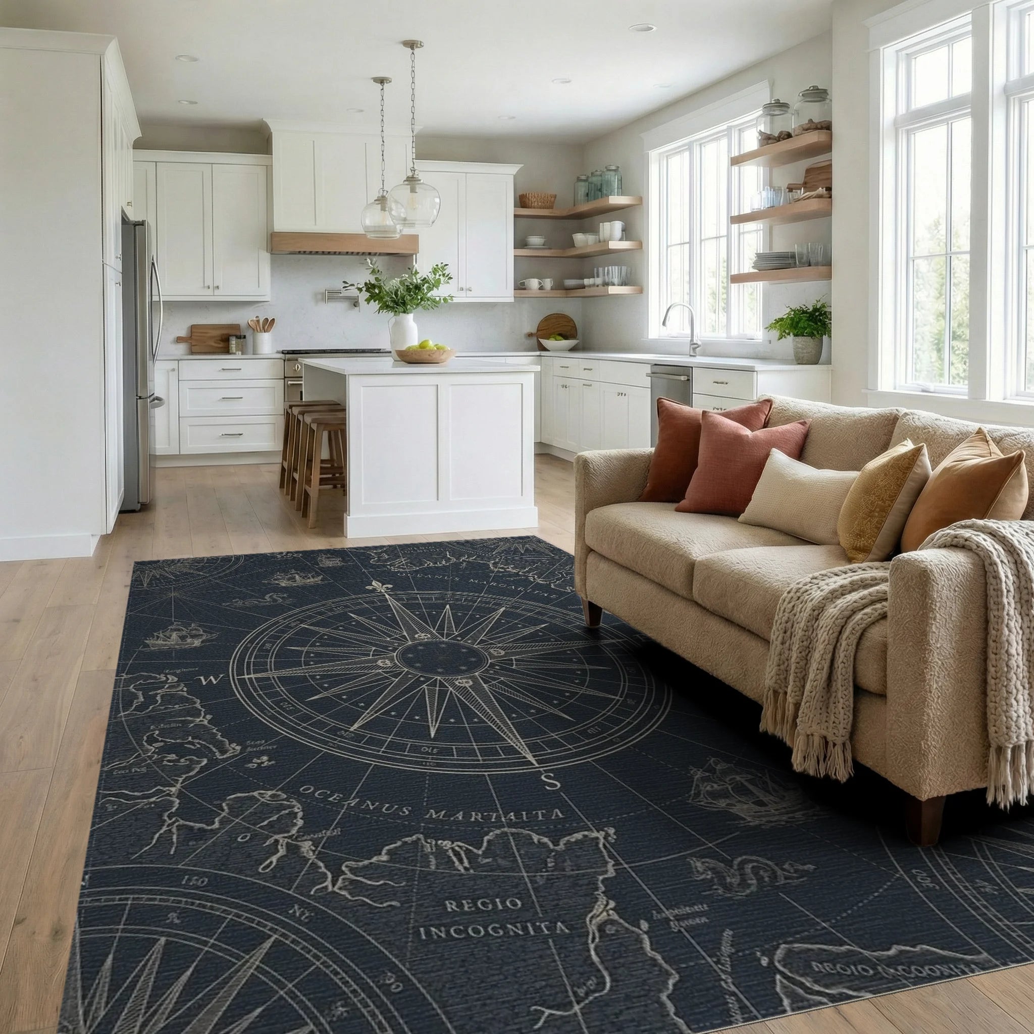 Nautical Navy Compass Rose Ships Rug Living Room View