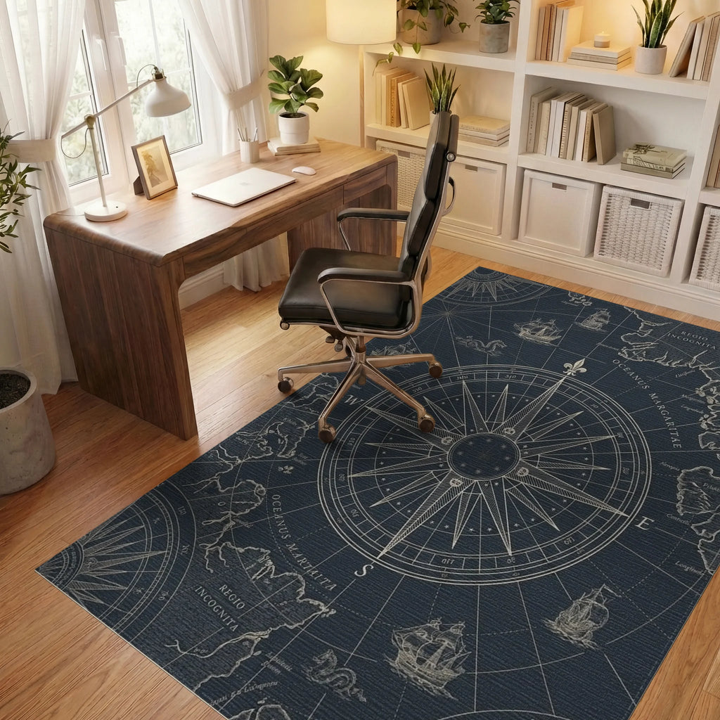 Nautical Navy Compass Rose Ships Rug Office View