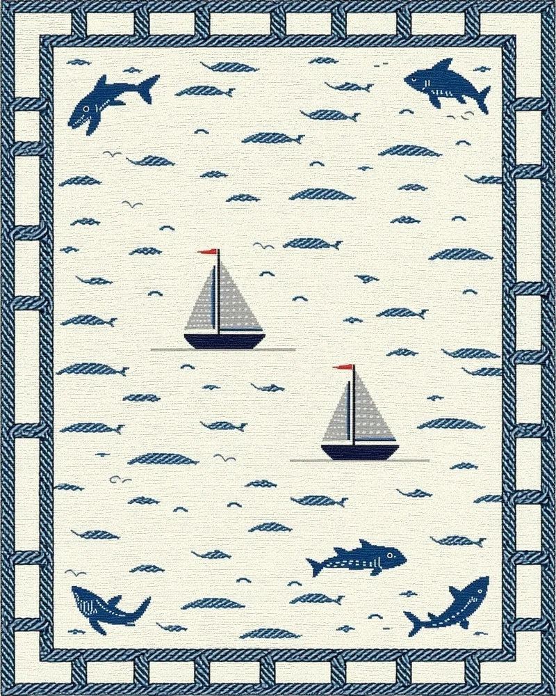 Nautical Navy Sailboats Fish Theme Rug - Cutout View