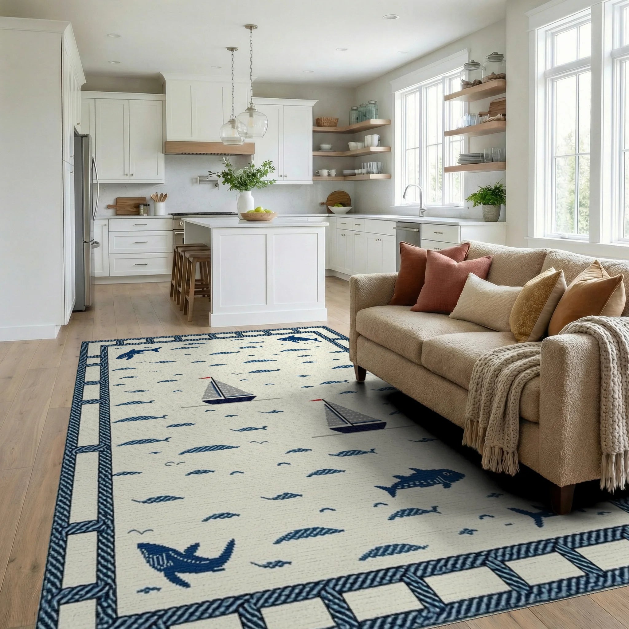 Nautical Navy Sailboats Fish Theme Rug - Living Room View