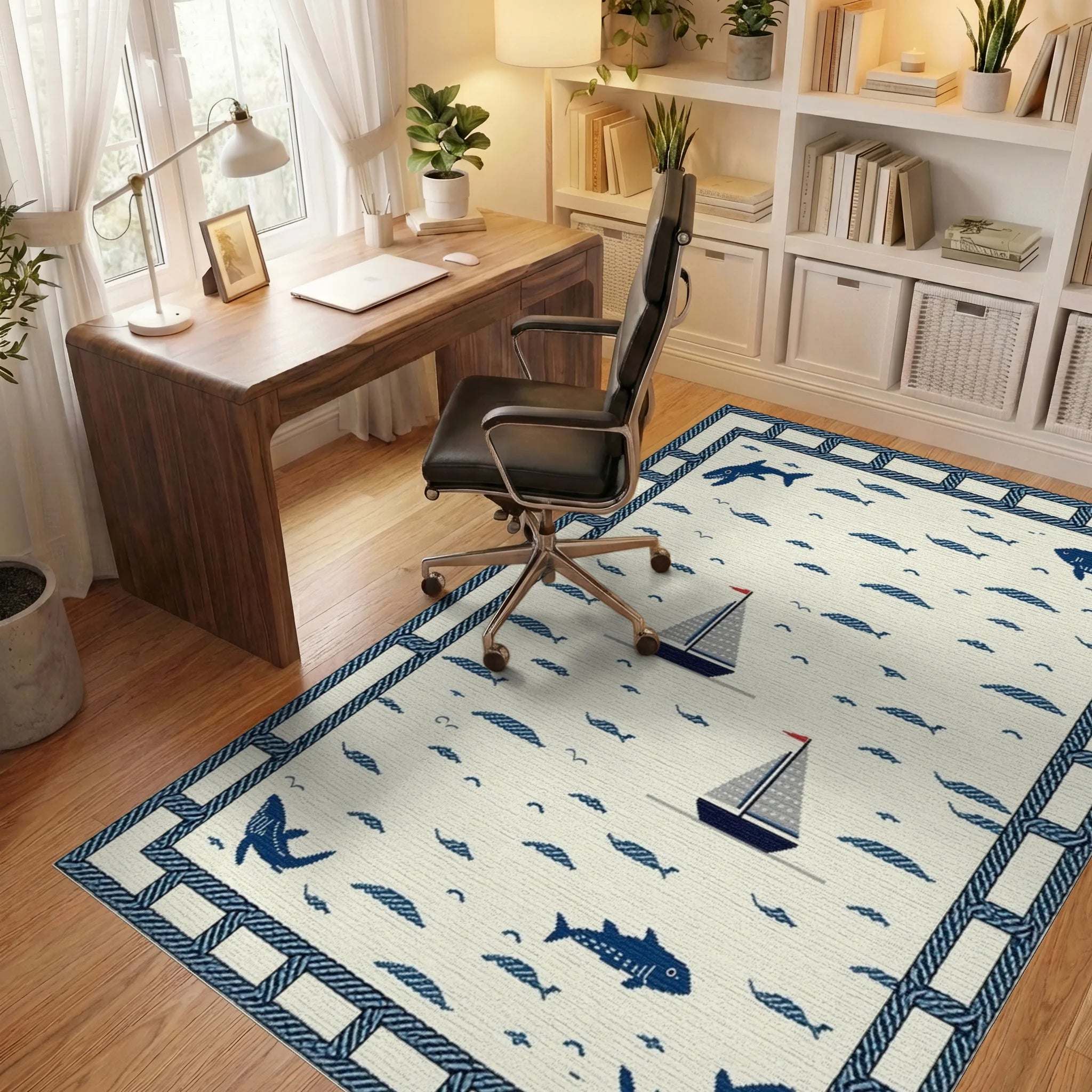 Nautical Navy Sailboats Fish Theme Rug - Office View