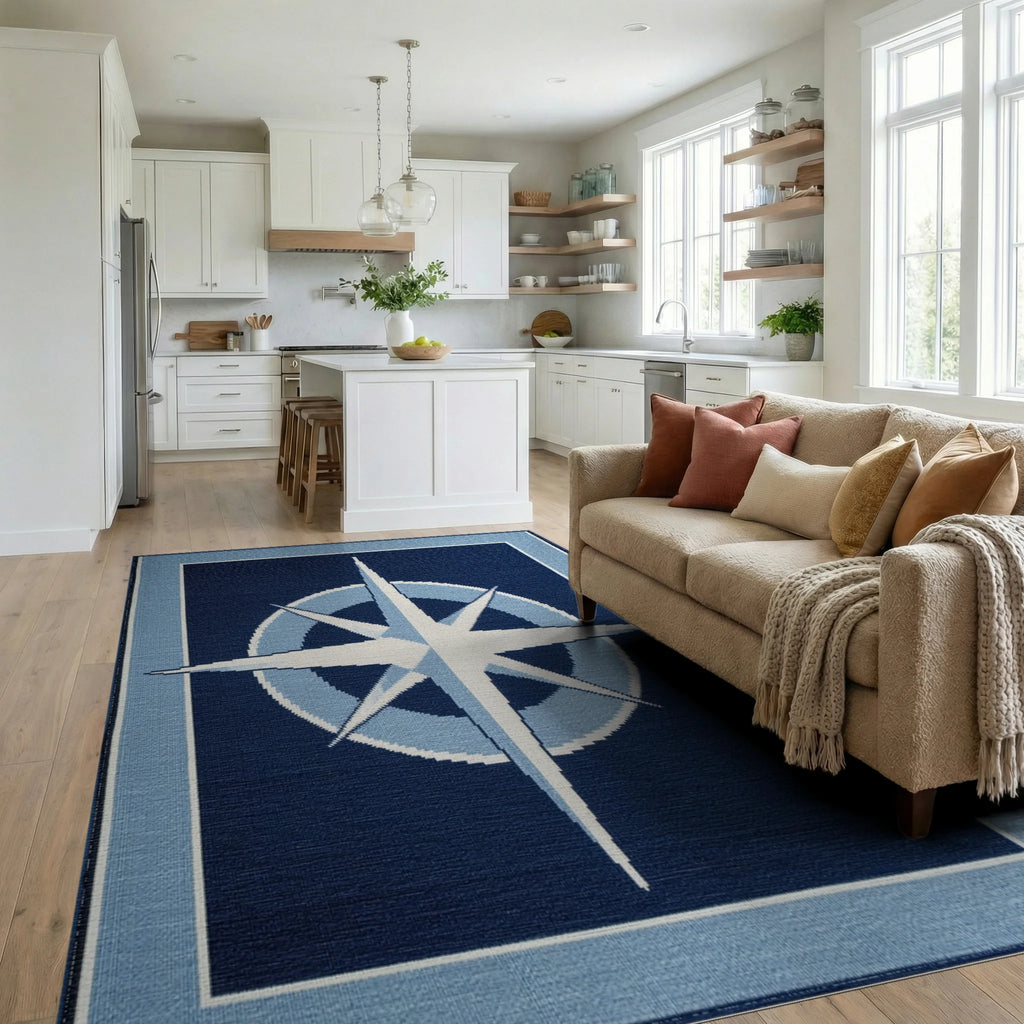 Nautical Navy Starburst Compass Rose Rug - Living Room View
