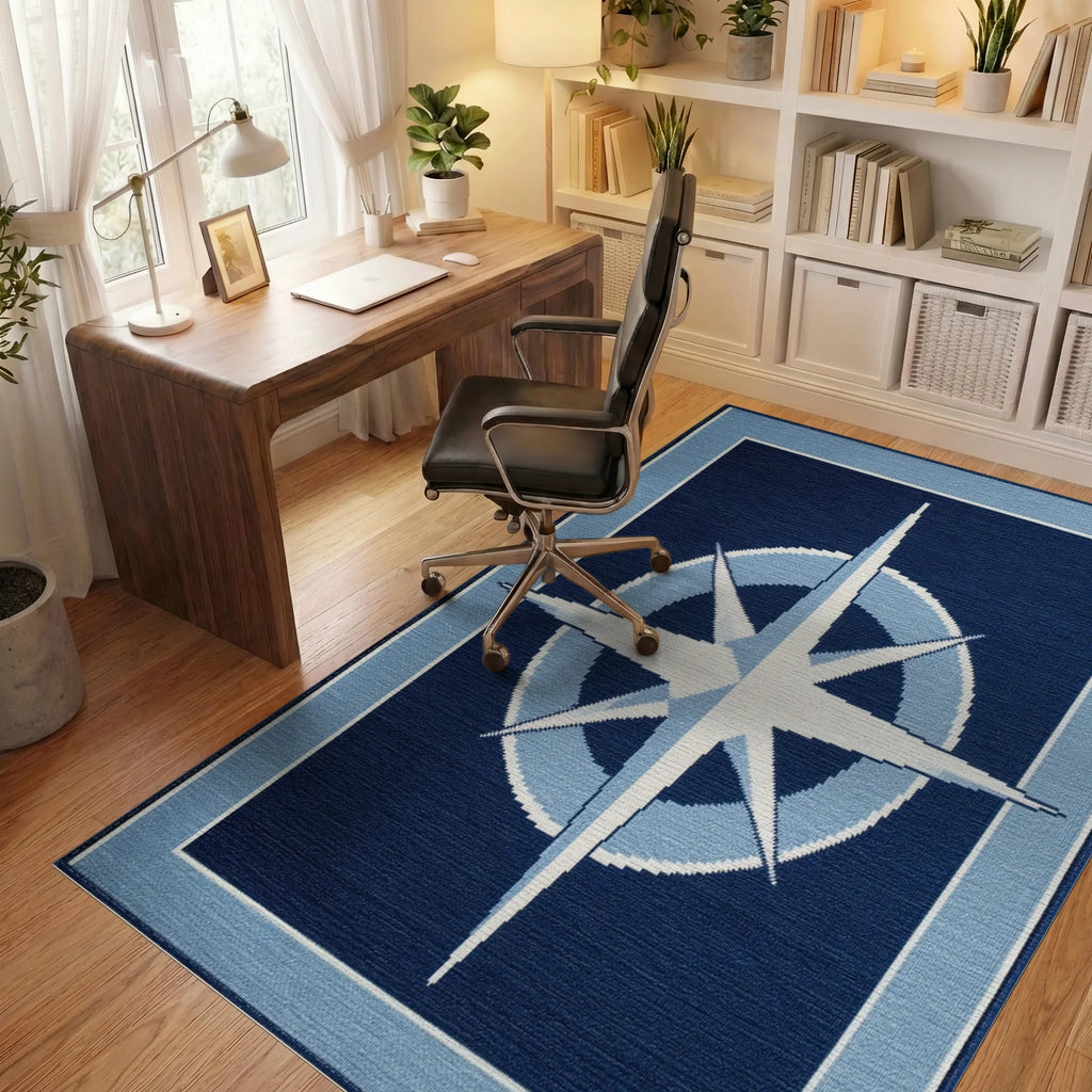 Nautical Navy Starburst Compass Rose Rug - Office View