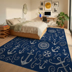 Nautical Navy White Anchor Compass Waves Rug Bedroom View