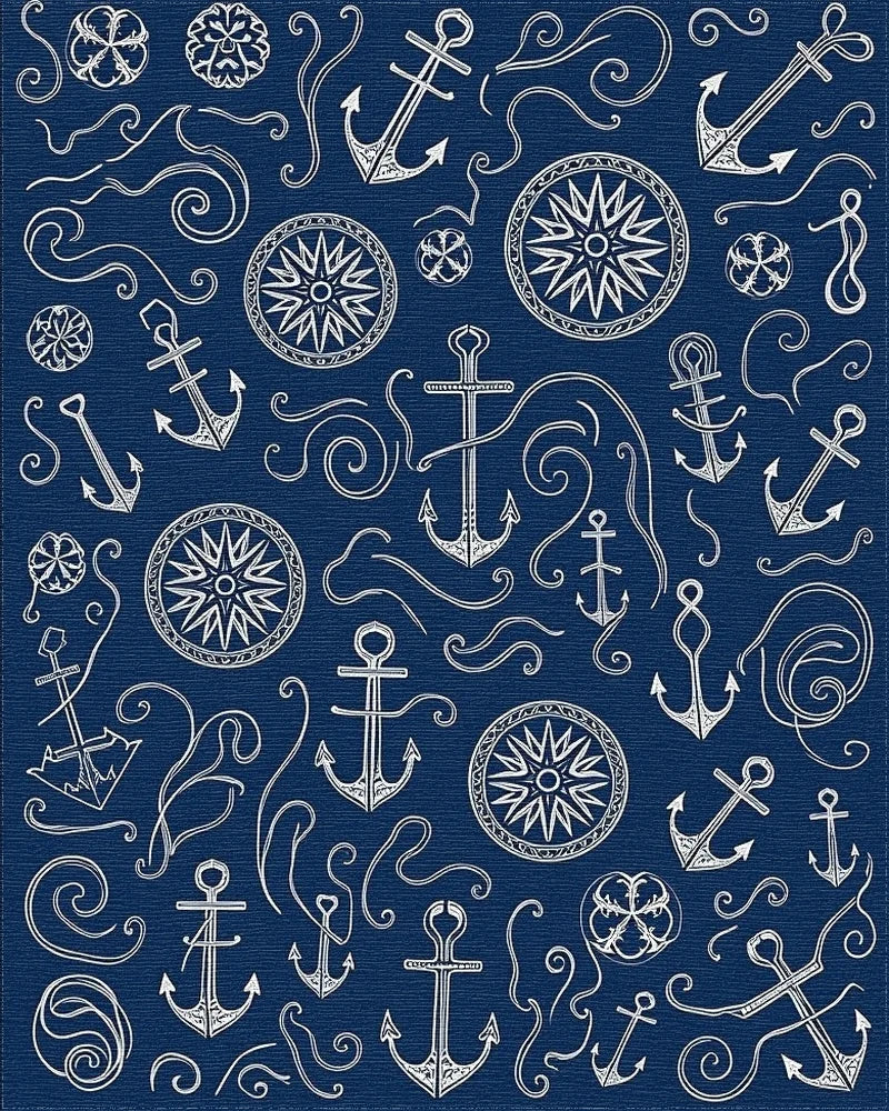 Nautical Navy White Anchor Compass Waves Rug - Cutout View