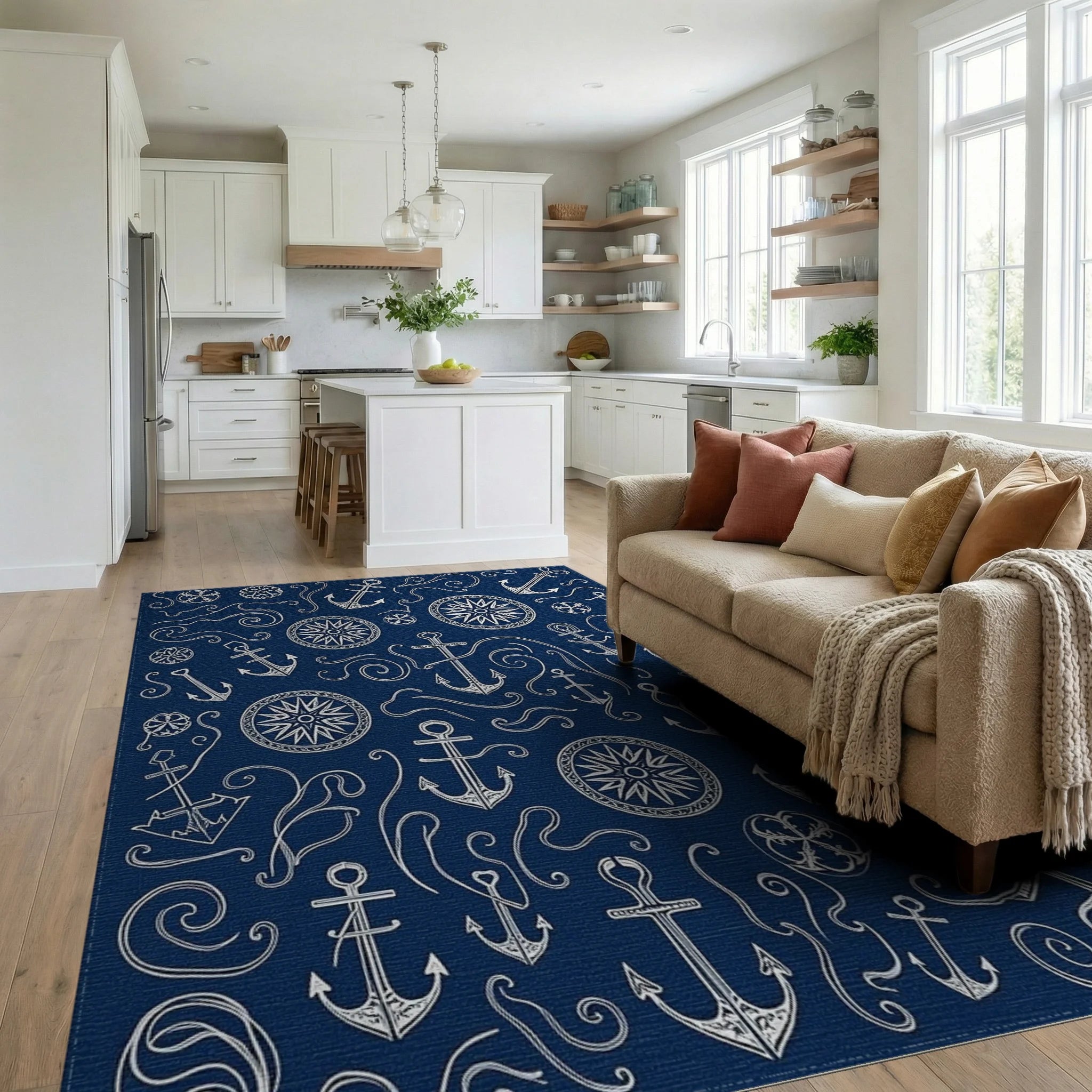 Nautical Navy White Anchor Compass Waves Rug Living Room View